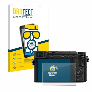 Vorderseite einer Produktverpackung mit dem Markenlogo BROTECT. Daneben ist das Gerät Panasonic Lumix DMC-GX80 mit dem zugehör
