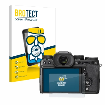 Vorderseite einer Produktverpackung mit dem Markenlogo BROTECT. Daneben ist das Gerät Fujifilm X-T2 mit dem zugehörigen Displa