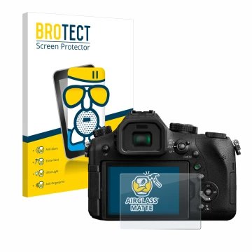 Vorderseite einer Produktverpackung mit dem Markenlogo BROTECT. Daneben ist das Gerät Panasonic Lumix DMC-FZ2000 mit dem zugeh