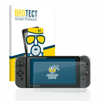 Vorderseite einer Produktverpackung mit dem Markenlogo BROTECT. Daneben ist das Gerät Nintendo Switch mit dem zugehörigen Disp