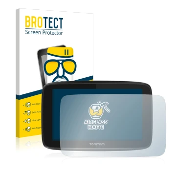 Vorderseite einer Produktverpackung mit dem Markenlogo BROTECT. Daneben ist das Gerät TomTom GO 5200 mit dem zugehörigen Displ