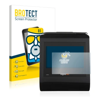 Vorderseite einer Produktverpackung mit dem Markenlogo BROTECT. Daneben ist das Gerät Signotec Signature Pad Gamma mit dem zug