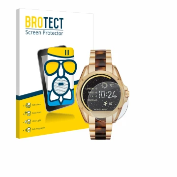 Vorderseite einer Produktverpackung mit dem Markenlogo BROTECT. Daneben ist das Gerät Michael Kors Access Bradshaw mit dem zug