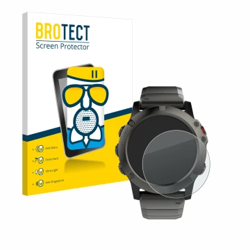 Vorderseite einer Produktverpackung mit dem Markenlogo BROTECT. Daneben ist das Gerät Garmin Fenix 5X (51 mm) mit dem zugehöri