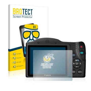 Vorderseite einer Produktverpackung mit dem Markenlogo BROTECT. Daneben ist das Gerät Canon PowerShot SX430 IS mit dem zugehör