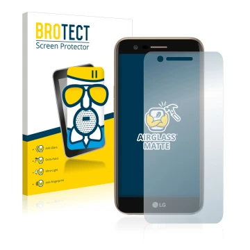 Vorderseite einer Produktverpackung mit dem Markenlogo BROTECT. Daneben ist das Gerät LG K10 2017 mit dem zugehörigen Displays