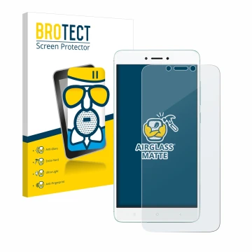 Vorderseite einer Produktverpackung mit dem Markenlogo BROTECT. Daneben ist das Gerät Xiaomi Redmi 4X mit dem zugehörigen Disp