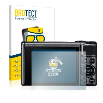 Vorderseite einer Produktverpackung mit dem Markenlogo BROTECT. Daneben ist das Gerät Canon PowerShot SX730 HS mit dem zugehör