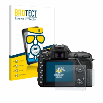 Vorderseite einer Produktverpackung mit dem Markenlogo BROTECT. Daneben ist das Gerät Nikon D7500 mit dem zugehörigen Displays