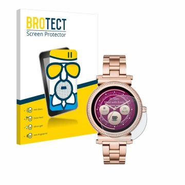 Vorderseite einer Produktverpackung mit dem Markenlogo BROTECT. Daneben ist das Gerät Michael Kors Access Sofie mit dem zugehö