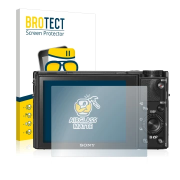 Vorderseite einer Produktverpackung mit dem Markenlogo BROTECT. Daneben ist das Gerät Sony Cyber-Shot DSC-RX100 V mit dem zuge