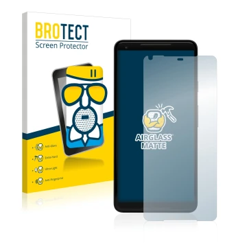 Vorderseite einer Produktverpackung mit dem Markenlogo BROTECT. Daneben ist das Gerät Google Pixel 2 XL mit dem zugehörigen Di