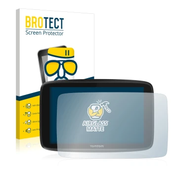 Vorderseite einer Produktverpackung mit dem Markenlogo BROTECT. Daneben ist das Gerät TomTom GO 6250 mit dem zugehörigen Displ