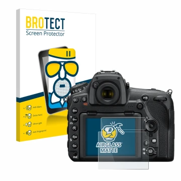 Vorderseite einer Produktverpackung mit dem Markenlogo BROTECT. Daneben ist das Gerät Nikon D850 mit dem zugehörigen Displaysc