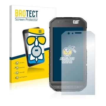 Vorderseite einer Produktverpackung mit dem Markenlogo BROTECT. Daneben ist das Gerät Caterpillar Cat S31 mit dem zugehörigen 