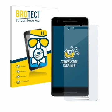 Vorderseite einer Produktverpackung mit dem Markenlogo BROTECT. Daneben ist das Gerät Google Pixel 2 mit dem zugehörigen Displ