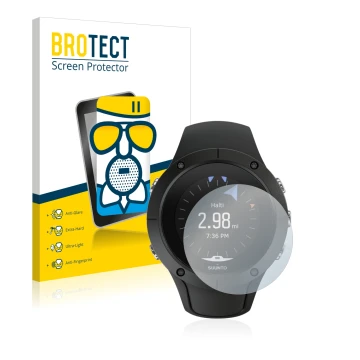Vorderseite einer Produktverpackung mit dem Markenlogo BROTECT. Daneben ist das Gerät Suunto Spartan Trainer Wrist HR mit dem 