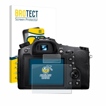 Vorderseite einer Produktverpackung mit dem Markenlogo BROTECT. Daneben ist das Gerät Sony Cyber-Shot DSC-RX10 IV mit dem zuge