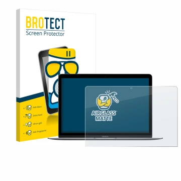 Vorderseite einer Produktverpackung mit dem Markenlogo BROTECT. Daneben ist das Gerät Apple MacBook Retina 12