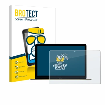 Vorderseite einer Produktverpackung mit dem Markenlogo BROTECT. Daneben ist das Gerät Apple MacBook Retina 12