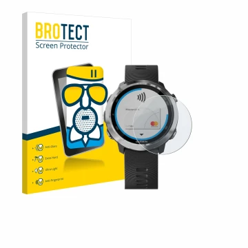 Vorderseite einer Produktverpackung mit dem Markenlogo BROTECT. Daneben ist das Gerät Garmin Forerunner 645 mit dem zugehörige