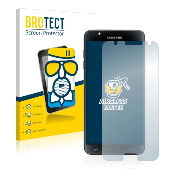 Vorderseite einer Produktverpackung mit dem Markenlogo BROTECT. Daneben ist das Gerät Samsung Galaxy J7 Duo 2018 mit dem zugeh