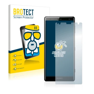 Vorderseite einer Produktverpackung mit dem Markenlogo BROTECT. Daneben ist das Gerät Sony Xperia XZ2 mit dem zugehörigen Disp