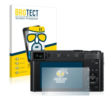Vorderseite einer Produktverpackung mit dem Markenlogo BROTECT. Daneben ist das Gerät Panasonic Lumix DC-TZ202 mit dem zugehör