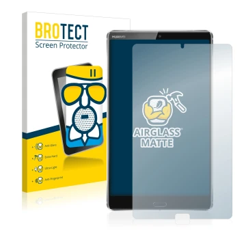 Vorderseite einer Produktverpackung mit dem Markenlogo BROTECT. Daneben ist das Gerät Huawei MediaPad M5 8.4 mit dem zugehörig