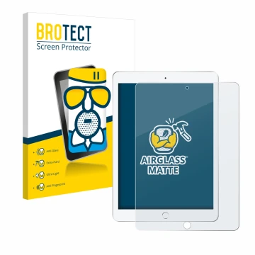 Vorderseite einer Produktverpackung mit dem Markenlogo BROTECT. Daneben ist das Gerät Apple iPad 9.7