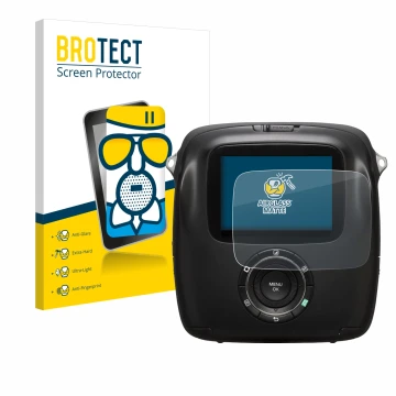Vorderseite einer Produktverpackung mit dem Markenlogo BROTECT. Daneben ist das Gerät Fujifilm Instax Square SQ10 mit dem zuge