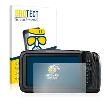 Vorderseite einer Produktverpackung mit dem Markenlogo BROTECT. Daneben ist das Gerät Blackmagic Pocket Cinema Camera 4K mit d