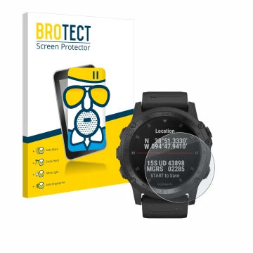 Vorderseite einer Produktverpackung mit dem Markenlogo BROTECT. Daneben ist das Gerät Garmin Tactix Charlie mit dem zugehörige
