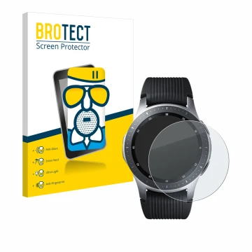 Vorderseite einer Produktverpackung mit dem Markenlogo BROTECT. Daneben ist das Gerät Samsung Galaxy Watch (46 mm) mit dem zug
