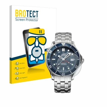 Vorderseite einer Produktverpackung mit dem Markenlogo BROTECT. Daneben ist das Gerät Omega Seamaster Diver (41 mm) mit dem zu