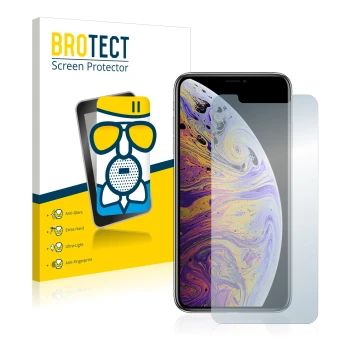 Vorderseite einer Produktverpackung mit dem Markenlogo BROTECT. Daneben ist das Gerät Apple iPhone Xs Max mit dem zugehörigen 