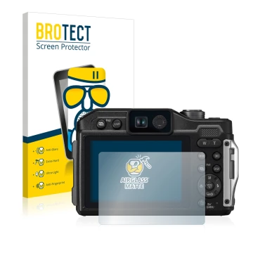 Vorderseite einer Produktverpackung mit dem Markenlogo BROTECT. Daneben ist das Gerät Panasonic Lumix DC-FT7 mit dem zugehörig