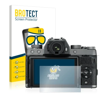 Vorderseite einer Produktverpackung mit dem Markenlogo BROTECT. Daneben ist das Gerät Fujifilm X-T100 mit dem zugehörigen Disp