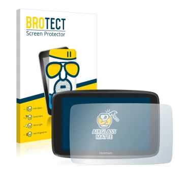 Vorderseite einer Produktverpackung mit dem Markenlogo BROTECT. Daneben ist das Gerät TomTom GO Camper mit dem zugehörigen Dis