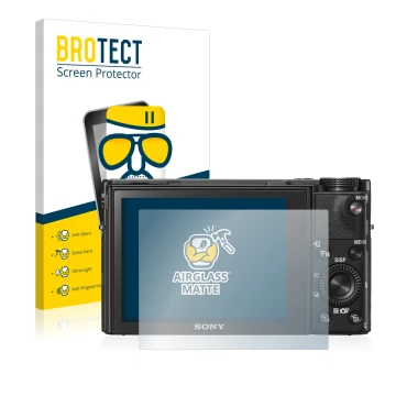 Vorderseite einer Produktverpackung mit dem Markenlogo BROTECT. Daneben ist das Gerät Sony Cyber-Shot DSC-RX100 VI mit dem zug