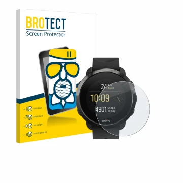 Vorderseite einer Produktverpackung mit dem Markenlogo BROTECT. Daneben ist das Gerät Suunto 3 Fitness mit dem zugehörigen Dis