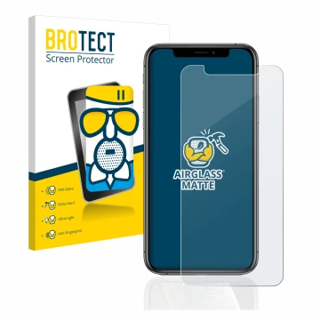 Vorderseite einer Produktverpackung mit dem Markenlogo BROTECT. Daneben ist das Gerät Apple iPhone Xs mit dem zugehörigen Disp