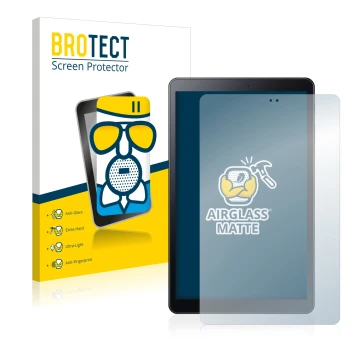 Vorderseite einer Produktverpackung mit dem Markenlogo BROTECT. Daneben ist das Gerät Samsung Galaxy Tab A 10.5 2018 LTE mit d