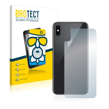 Vorderseite einer Produktverpackung mit dem Markenlogo BROTECT. Daneben ist das Gerät Apple iPhone Xs Max (Rückseite) mit dem 