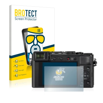 Vorderseite einer Produktverpackung mit dem Markenlogo BROTECT. Daneben ist das Gerät Panasonic Lumix DC-LX100 II mit dem zuge