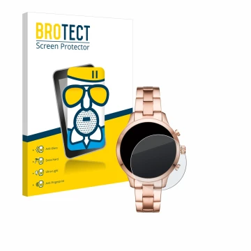 Vorderseite einer Produktverpackung mit dem Markenlogo BROTECT. Daneben ist das Gerät Michael Kors Access Runway (41 mm) mit d