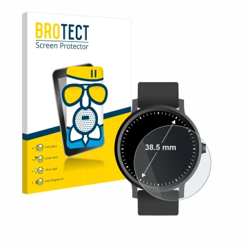 Vorderseite einer Produktverpackung mit dem Markenlogo BROTECT. Daneben ist das Gerät Armbanduhren (Kreisrund, ø: 38.5 mm) mit