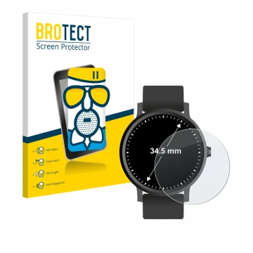 Vorderseite einer Produktverpackung mit dem Markenlogo BROTECT. Daneben ist das Gerät Armbanduhren (Kreisrund, ø: 34.5 mm) mit