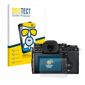 Vorderseite einer Produktverpackung mit dem Markenlogo BROTECT. Daneben ist das Gerät Fujifilm X-T3 mit dem zugehörigen Displa