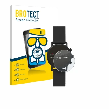 Vorderseite einer Produktverpackung mit dem Markenlogo BROTECT. Daneben ist das Gerät Skagen Smartwatch Falster 2 mit dem zuge